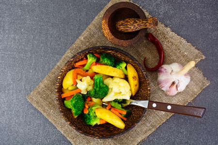 Steamed Vegetables Potatoes, Carrots, Cauliflower, Broccoli Studio Photoの写真素材