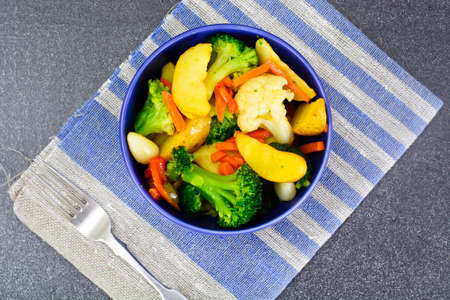Steamed Vegetables Potatoes, Carrots, Cauliflower, Broccoli Studio Photoの写真素材