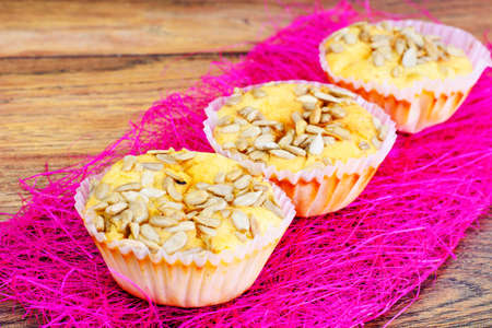 Fresh Cupcakes with Sunflower Seeds. Studio Photo.の写真素材