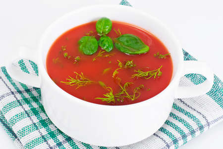 Tomato Soup with Basil in Plate. National Italian Cuisine Studio Photoの写真素材