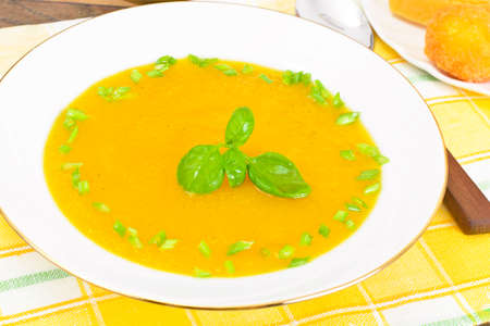 Carrot, Pumpkin Cream Soup with Cheese Balls Diet Food. Studio Photoの写真素材