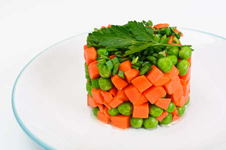 Juicy Vegetable Stew. Lettuce, Peas and Carrots. Diet Food. Studio Photoの写真素材