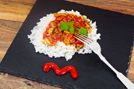 Rice with Canned Fish in Tomato Sauce Studio Photoの写真素材