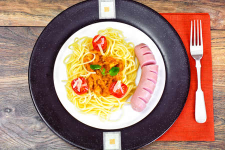 Pasta with Sausage and Squash Caviar on Plate. Studio Photoの写真素材