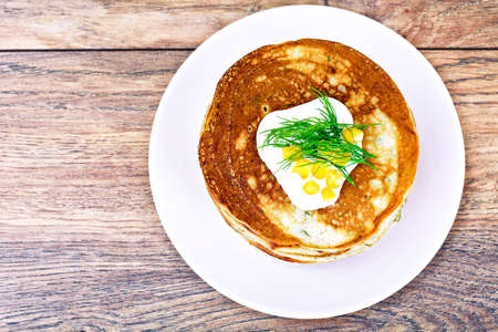 Tasty Pancakes Stack with Sweet Corn Studio Photoの写真素材