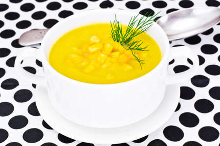 Soup of Mashed Potato with Corn Studio Photoの写真素材