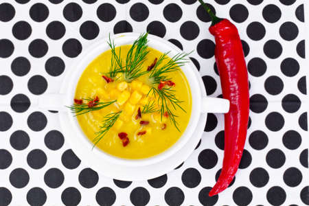 Soup of Mashed Potato with Corn Studio Photoの写真素材