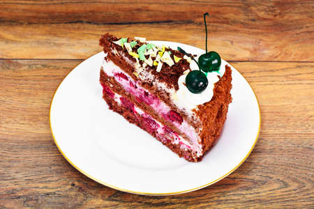 Schwarzwald Cake, Whipped Cream, Black and White Chocolate, Decoration, Green Cocktail Cherry Studio Photoの写真素材