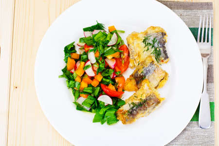 Vegetables with Fish Fillet, Breaded Studio Photoの写真素材