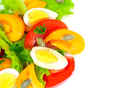 Lettuce with Tomato, Pepper and Boiled Egg on White