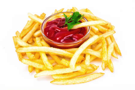 French Fries with Ketchup. Isolated Studio Photoの写真素材