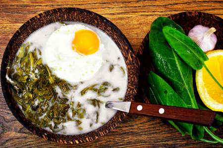 Sorrel Soup with White Egg Studio Photoの写真素材