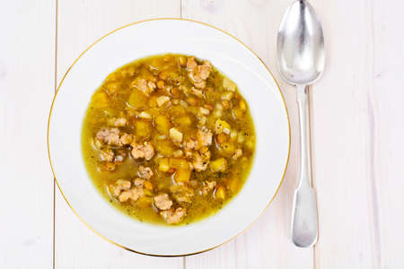 Lentil Soup with Minced Meat, Celery Root, Pumpkin, Onion Studio Photoの写真素材