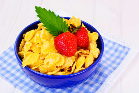 Cornflakes with Strawberry. Healthy Breakfast Studio Photo