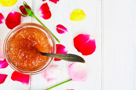Jam Made of Rose Petals on the Old Wooden Boards. National Bulgarian Cuisineの写真素材