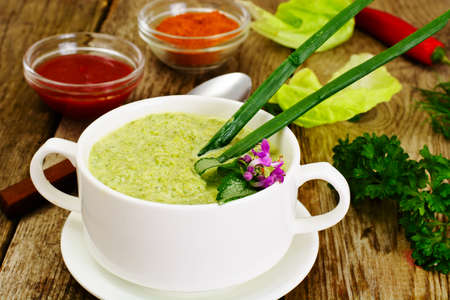 Cream of Celery Stalk in a White Tureen Studio Photoの写真素材