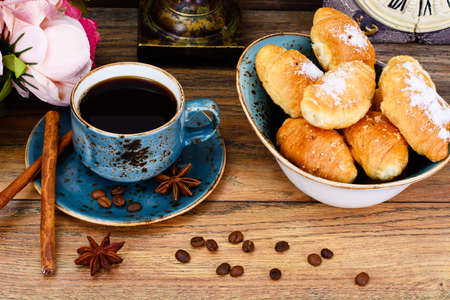 Delicious Crispy French Croissants with Coffee Studio Photoの写真素材
