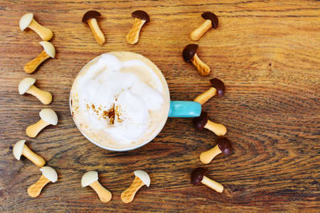Mushrooms Biscuits with Cappuccino Coffee Studio Photoの写真素材