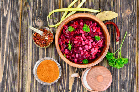 Vinaigrette with Beans on Dark Boards Studio Photoの写真素材