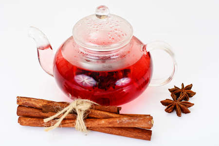 Red Hibiscus Tea with Cinnamon, Dittany and Ginger Studio Photoの写真素材