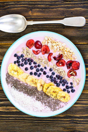 Smoothie with Blueberries, Chia Seeds on Brown Boards Studio Photoの写真素材