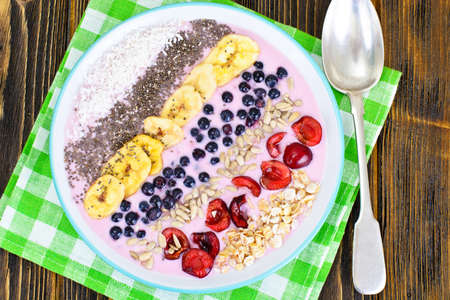 Smoothie with Blueberries, Chia Seeds on Brown Boards Studio Photoの写真素材