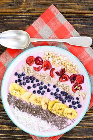 Smoothie with Blueberries, Chia Seeds on Brown Boards Studio Photoの写真素材