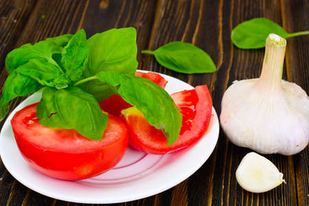 Tomato and Basil. National Italian Cuisine. Studio Photoの写真素材
