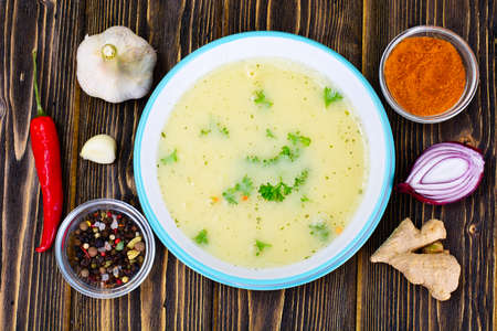 Cream Soup with Curry Sauce, Hot Pepper Red. Studio Photoの写真素材