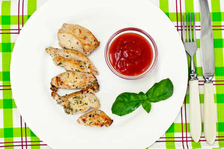 Grilled Chicken Fillet with Pepper, Basil and Tomato Studio Photoの写真素材