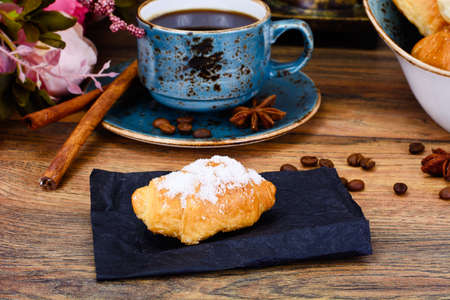 Delicious Crispy French Croissants with Coffee Studio Photoの写真素材