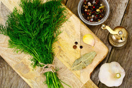 Fresh Juicy Dill on Wooden Background Studio Photoの写真素材