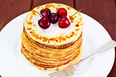 Tasty Pancakes with Cherry Stack Studio Photoの写真素材
