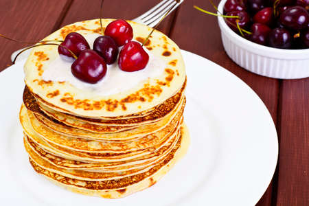Tasty Pancakes with Cherry Stack Studio Photoの写真素材
