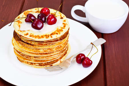 Tasty Pancakes with Cherry Stack Studio Photoの写真素材