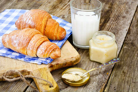Tasty Sweet Croissant with Milk Studio Photoの写真素材