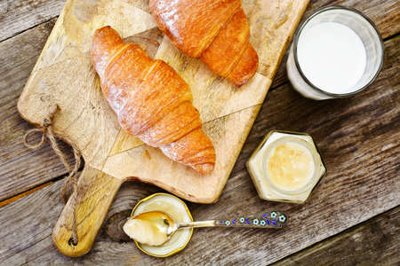 Tasty Sweet Croissant with Milk Studio Photoの写真素材