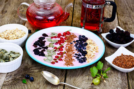 Smoothie with Blueberries, Oatmeal on Brown Boards Studio Photoの写真素材