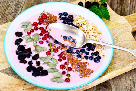 Smoothie with Blueberries, Oatmeal on Brown Boards Studio Photoの写真素材