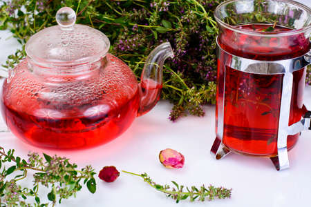 Red Rose Hibiscus Tea with Thyme Studio Photoの写真素材