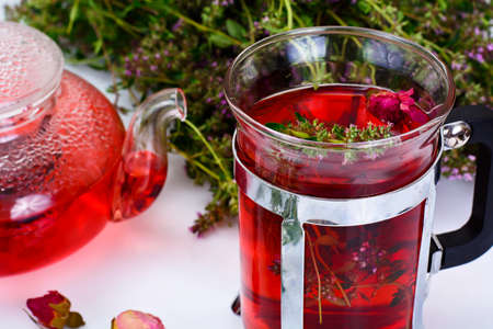 Red Rose Hibiscus Tea with Thyme Studio Photoの写真素材
