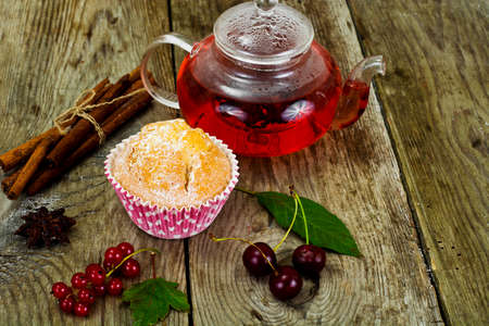 Cake with Berries, Cinnamon and Tea Studio Photoの写真素材