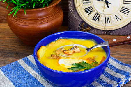 Cream Soup from Potato, Cheese with Fish and Egg Studio Photoの写真素材