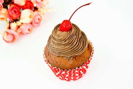 Cake with Cream and Cherry, Cupcake. Sweet Foodの写真素材