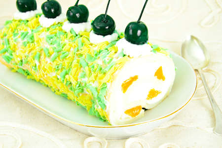 Sponge Roulade with Cream, Mandarin and Cherry Studio Photoの写真素材