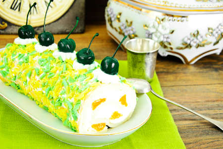 Sponge Roulade with Cream, Mandarin and Cherry Studio Photoの写真素材