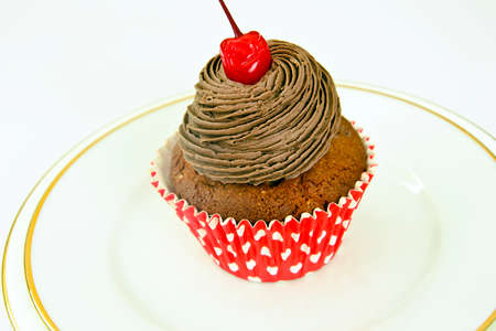 Cake with Cream and Cherry, Cupcake. Sweet Foodの写真素材