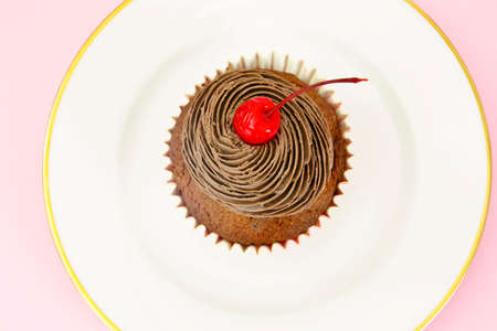Cake with Cream and Cherry, Cupcake. Sweet Foodの写真素材