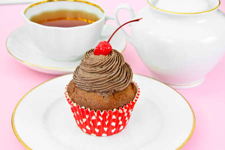 Cake with Cream and Cherry, Cupcake. Sweet Foodの写真素材