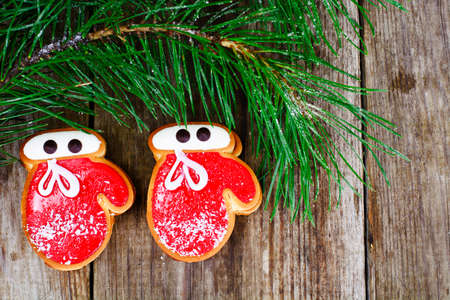 Christmas and New Year Background with Tree and Gingerbread Studio Photoの写真素材
